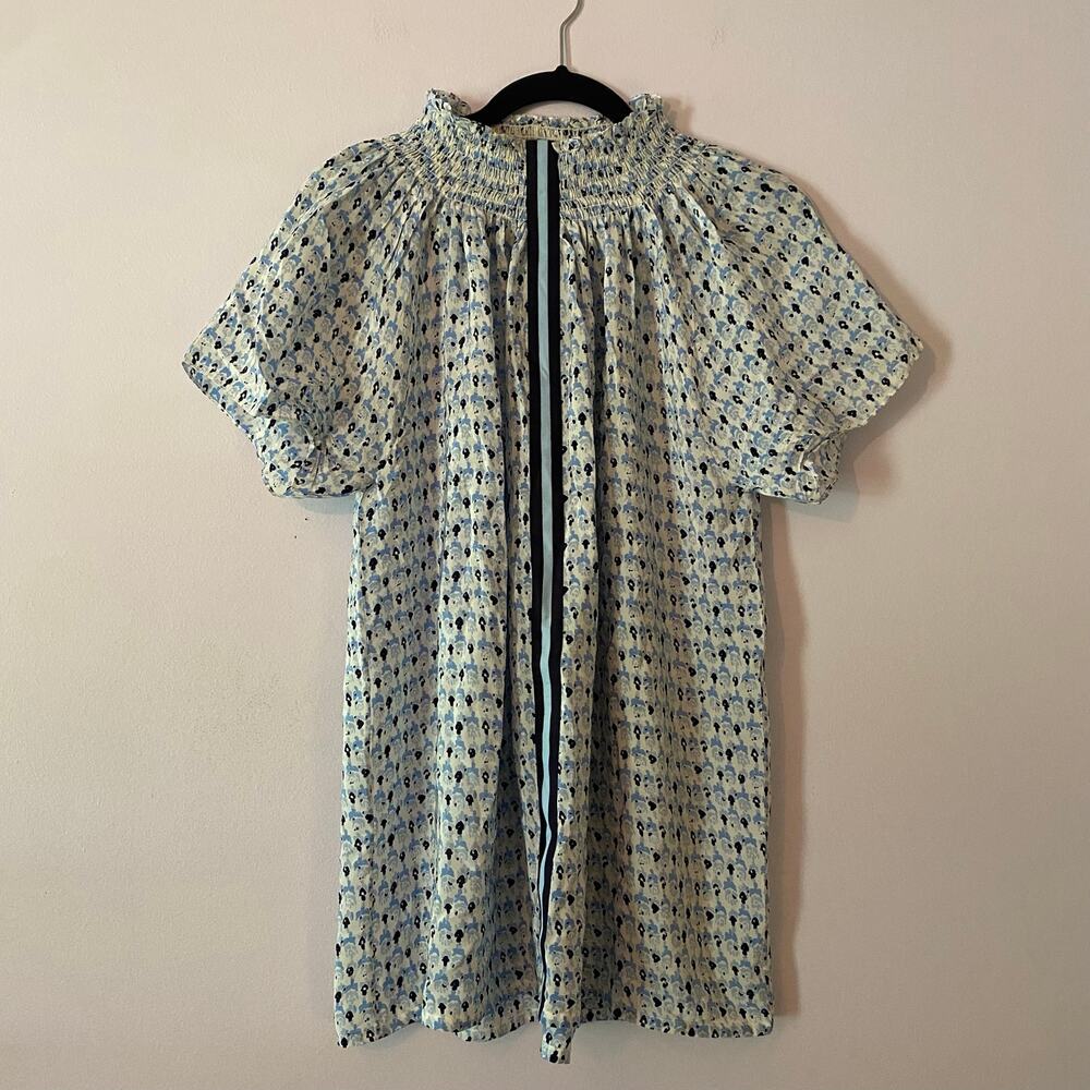 Rungolee Blue White Floral Silk High Neck Smocked Blouse Fairy Women size Large